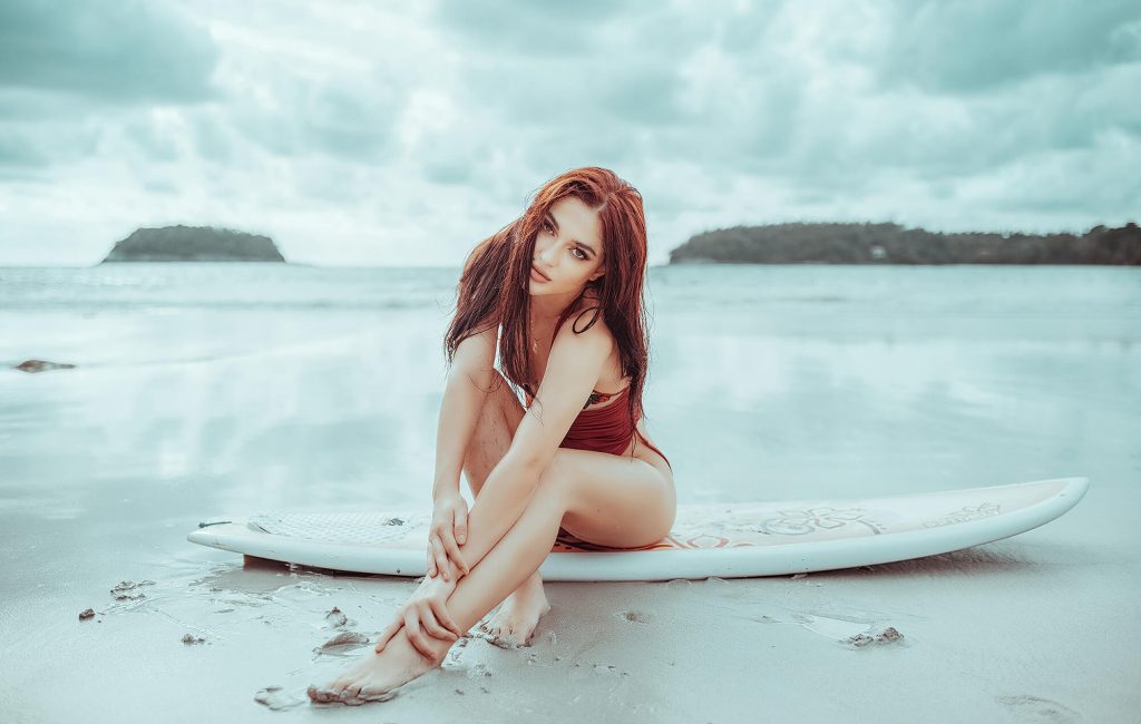 Bikini portrait surfboard photoshoot