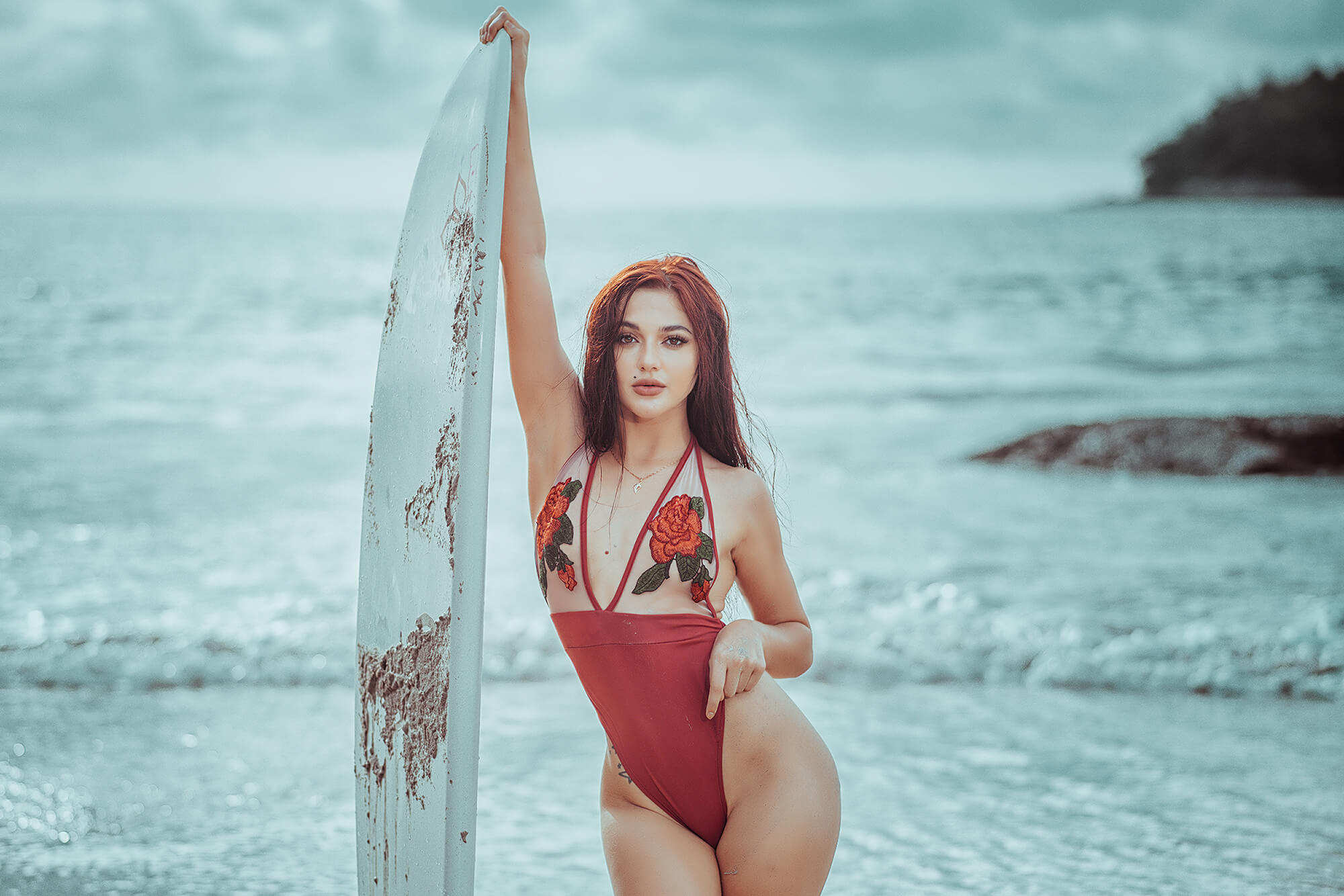 Bikini portrait surfboard photoshoot